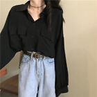 Womens Drawstring Casual Short Tops Gothic Black Lapel Collar Long Sleeves Shirt