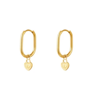 18ct Gold-Plated Oval Hoop Earrings with Patterned Heart Charm - Picture 1 of 3