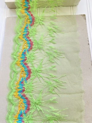 2 Pieces Embroidered Trim with Green Tulle Base for Sewing/Crafts/Dolls/7" Wide - Image 1 of 4