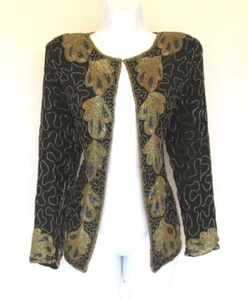 VINTAGE 1970s 80s MEGERE SILK BEADED JACKET BLACK GOLD BLUE SIZE PM FLOWERS - Picture 1 of 12