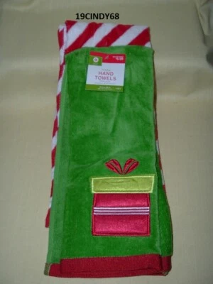 Toallas de mano de cocina/baño de Navidad 2013 - verde con regalo y bastón de caramelo rojo/blanco Foto 1 de 3