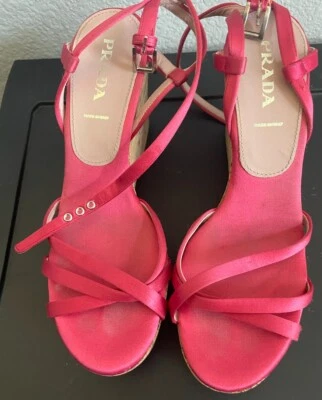 Auténticas cuñas de corcho con tiras de satén rosa PRADA talla 37,5 / 7,5 para mujer Foto 1 de 2