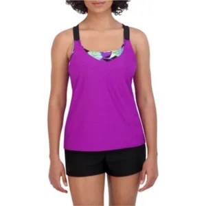 ZEREXPOSUR Tankini Badeanzug Oberteil Lila Blumen Lagenlook Racerback Short Set S Neu mit Etikett - Bild 1 von 9