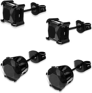 2 Pairs Black Stud Earrings Men Women Stainless Steel Square Round CZ Sensitive - Picture 1 of 5