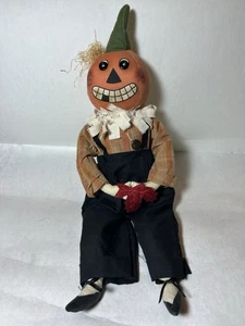 Halloween Pumpkin Head Person Primitive Folk Art Whimsical Stuffed Shelf Sitter - Picture 1 of 7