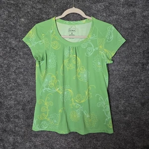 LL BEAN T Shirt Womens M Green Yellow Floral Short Sleeve Beach Outdoor - Picture 1 of 8