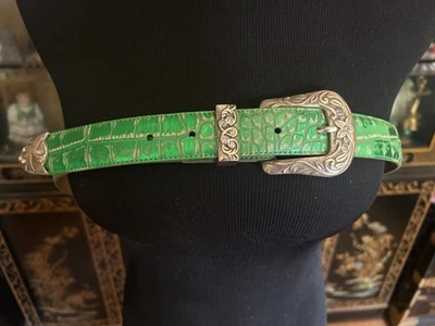 Green Croc leather Silver Buckle Belt Embellished W Rhinestones Western Style XL - Image 1 of 4