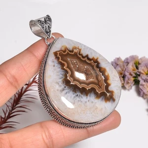 Colgante de plata 925 hecho a mano con piedras preciosas druzy ágata marrón de Botsuana 2,8" 36,2 gm. - Imagen 1 de 6