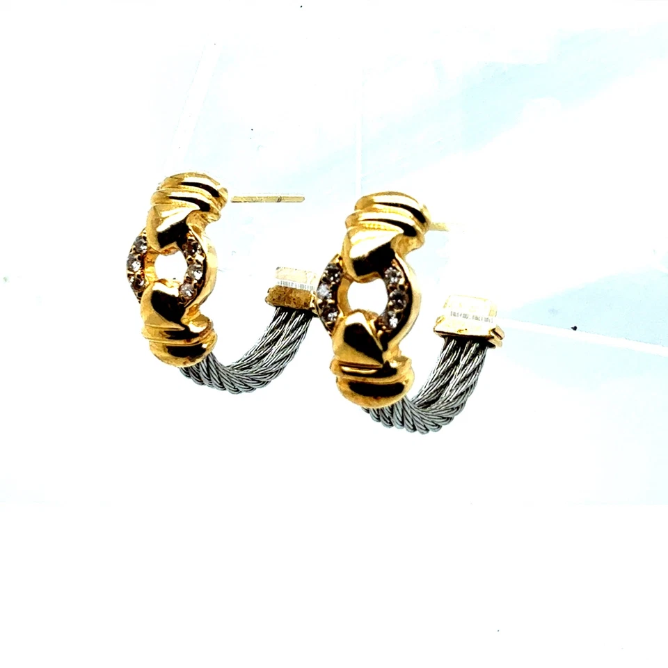 Pendientes retro con cable de acero de oro y diamantes naturales de Philippe Charriol Foto 1 de 1