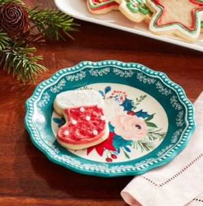 Pioneer Woman Wishful Winter Rose Appetizer Plate Teal Christmas Floral New - Picture 1 of 1