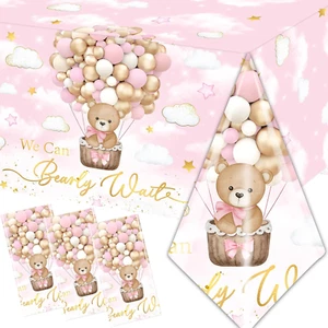 Bear Baby Shower Tablecloth, We Can Bearly Wait Baby Shower Decorations 3Pcs Pin - Picture 1 of 12