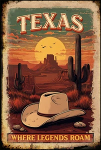 Póster metálico de Texas Where Legends deambula por el desierto con sombrero de vaquero - Imagen 1 de 2