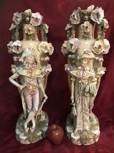 Antique 19thc. French Barbotine Porcelain Figural Mantle Vase Pair Lady Man 21” - Picture 1 of 12
