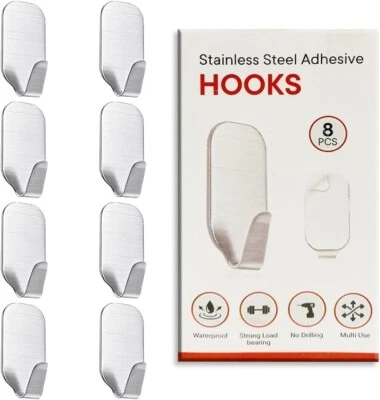 Stainless Steel Self Adhesive Hooks Strong Sticky Stick on Wall Door Hooks-8PK - Image 1 of 4