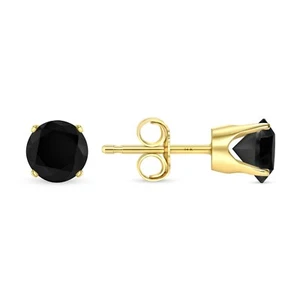 1.25 Ct Round Black Created Diamond Stud Earring Crown Real 14K Yellow Gold Push - Picture 1 of 3