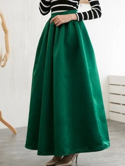 Falda Larga Verde Tafetán Plisada Bolsillos Laterales Noche Cualquier Ocasión Regalo para Ella Foto 1 de 4
