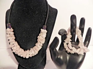 BRAZILIAN Quartz Chips Choker LT. PINK Elastic BRACELET Necklace SET - Picture 1 of 5