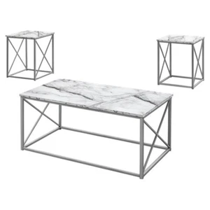 Table Set 3pcs Set Coffee End Side Accent Metal White Marble Look - Picture 1 of 4