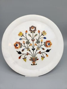 Pietra Dura White Marble Plate Floral Inlay 9" Christmas Gifts - Picture 1 of 6