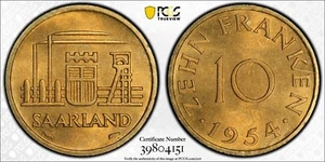 1954 Saarland 10 Franken PCGS MS66 - Picture 1 of 1