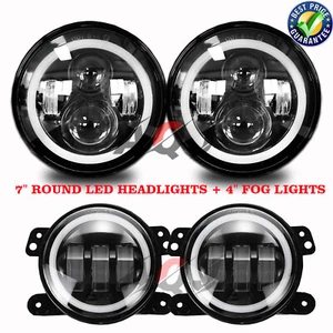 7" Round LED Headlights + 4" Fog Lights Combo Kit For Jeep Wrangler JK 2007-2016 - Picture 1 of 19