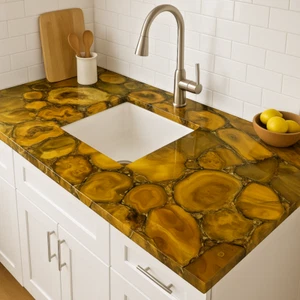 Handmade Yellow Agate Kitchen Countertop | Natural Stone Slab for Interior Home - Picture 1 of 10