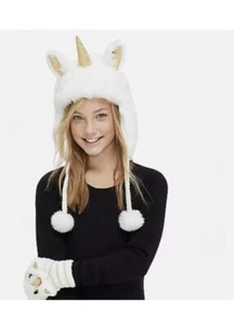 Justice Girls Plush Unicorn Hat Ear Flaps And Glove Set Gold Horn NWT - Picture 1 of 11