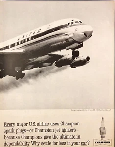 Anuncio impreso vintage Champion Spark Plugs DC-8 1962 United Air Lines - Imagen 1 de 1