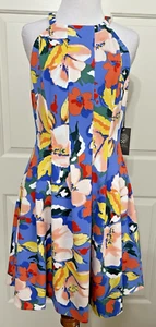 NWT Vince Camuto size 8 blue yellow coral floral sleeveless fit & flare dress - Picture 1 of 8