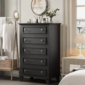Black 5 Drawer Dresser for Bedroom, 48" Tall Wood Dresser & Chests of Drawers wi - Picture 1 of 12