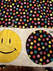 Yellow Smiley Face Emoji Cut Sew Cotton Fabric Panel makes Pillow VTG OOP + 1yd - Picture 1 of 3