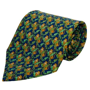 SALVADORE FERRAGAMO Tie 100% Silk 58”X3-3/4” Brown Monkey Green Palm on Blue EUC - Bild 1 von 6