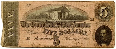 1864 $5 Richmond, VA Confederate Note SN #34128 T-69 - Image 1 of 2