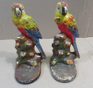Pair of Antique Cast Iron Parrot Bird Doorstops Bookends Collectible 6” - Picture 1 of 13