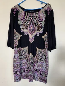 Cha Cha Vente Dress Size XL Paisley Black 3/4 Gathered Sleeve Rayon Shift Tunic - Picture 1 of 8