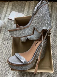 New W/Box $178 Free people Gramercy Platform Heeled Sandal Silver Glitter sz37 - Picture 1 of 11