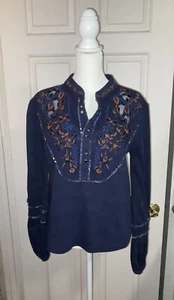 FREE PEOPLE Peasant Tunic Top Sz XS 36 Chest Navy Embroidered Snaps Balloon Slv - Picture 1 of 18