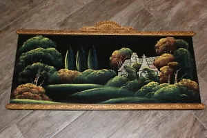 Antico quadro epoca vittoriana velluto nero! Paesaggio casetta. Appendiabiti in legno! - Foto 1 di 11