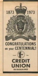 Newspaper Print Ad RCMP Centennial CREDIT UNION NANAIMO BC 1873 to 1973 CREST - Bild 1 von 1