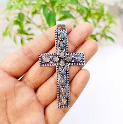 Labradorite Cross Pendant 925 Sterling Silver Handmade Gemstone Jewelry 2.83" - Image 1 of 4