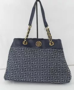 TOMMY HILFIGER Women's Signature Hand Bag Purse Dark Navy Blue Canvas Gold Chain - Picture 1 of 12