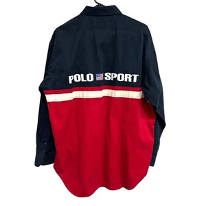 Polo Sport Ralph Lauren Long Sleeve Button Down Shirt L Cotton Red Navy - Picture 1 of 10