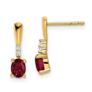 14k Yellow Gold Oval Lab Created Ruby and Diamond Drop & Dangle Earrings 0.95gm - Picture 1 of 2