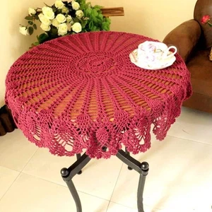 36" Burgundy Vintage Hand Crochet Lace Tablecloth Round Table Topper Cloth Mat - Picture 1 of 4