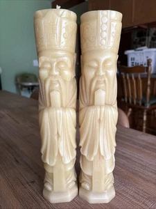 2x Vintage Midcentury asiatischer Mann Konfuzius geschnitzte dekorative Kerzen 11,5" LESEN - Bild 1 von 5