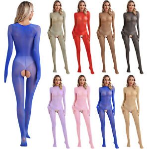 Womens Jumpsuit Shiny Nightwear Mesh Bodystocking Sheer Pantyhose Full Body