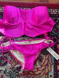 AMUSE SOCIETY WOMEN 2PC BANDEAU BIKINI SWIM SUIT NEON PINK SIZE-S NEW - Picture 1 of 5