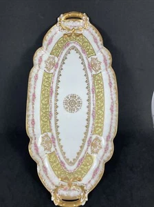 GDA Limoges ovales Waschtisch Tablett rosa Rosen grün gold Lorbeerblatt Griff wie abgebildet - Bild 1 von 12