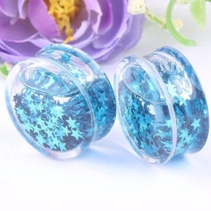 2X Blue Glitter Double Saddle Flesh Tunnel Acrylic Liquid Ear Lobe Plug Expander - Picture 1 of 29