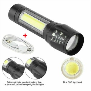 Portable COB LED Tactical USB Rechargeable Zoomable Flashlight Torch Lamp